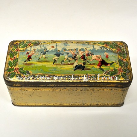 Victorian tin box featuring rugby design, circa 1900