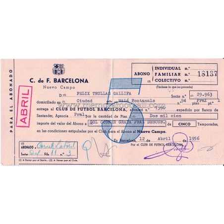 FC Barcelona season ticket 12-04-1956